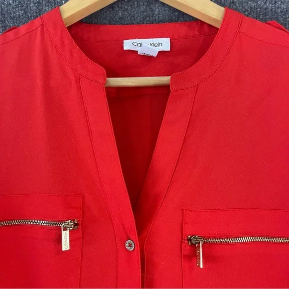 Calvin Klein Womens Button Up Top Size Large Bright Red Long Sleeve Office - Picture 4 of 8